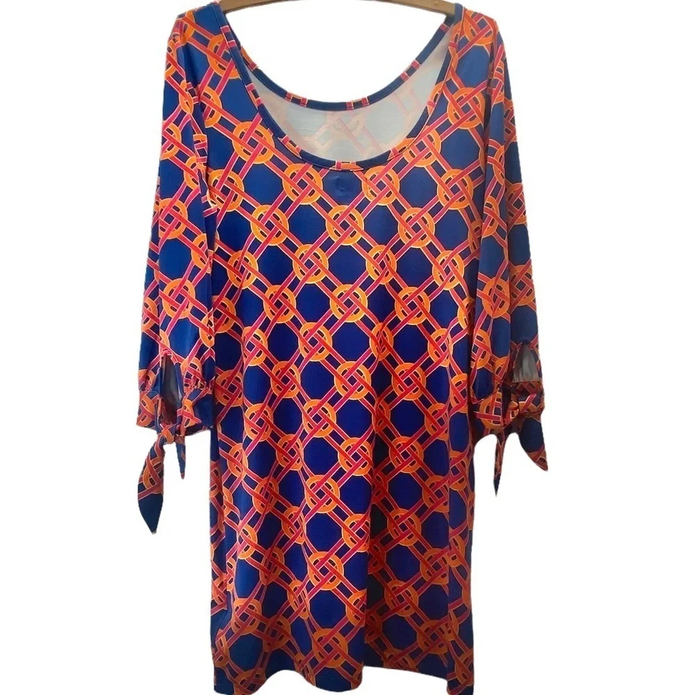 MUD Pie Women’s Navy Red Orange Lattice Print Shirt-Dress Scoop Neck, EUC Size M - Picture 4 of 14